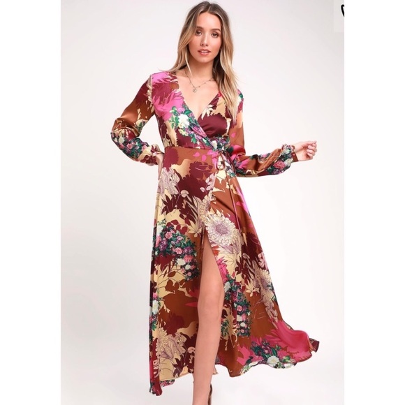 Lulus Dresses & Skirts - Put on A Smile Burgundy Floral Print Wrap Dress